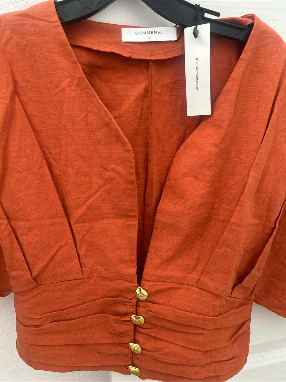 Commense Cotton & Linen Kimono Sleeve Gold Button Top Terracotta  Orange Size S - Picture 3 of 4